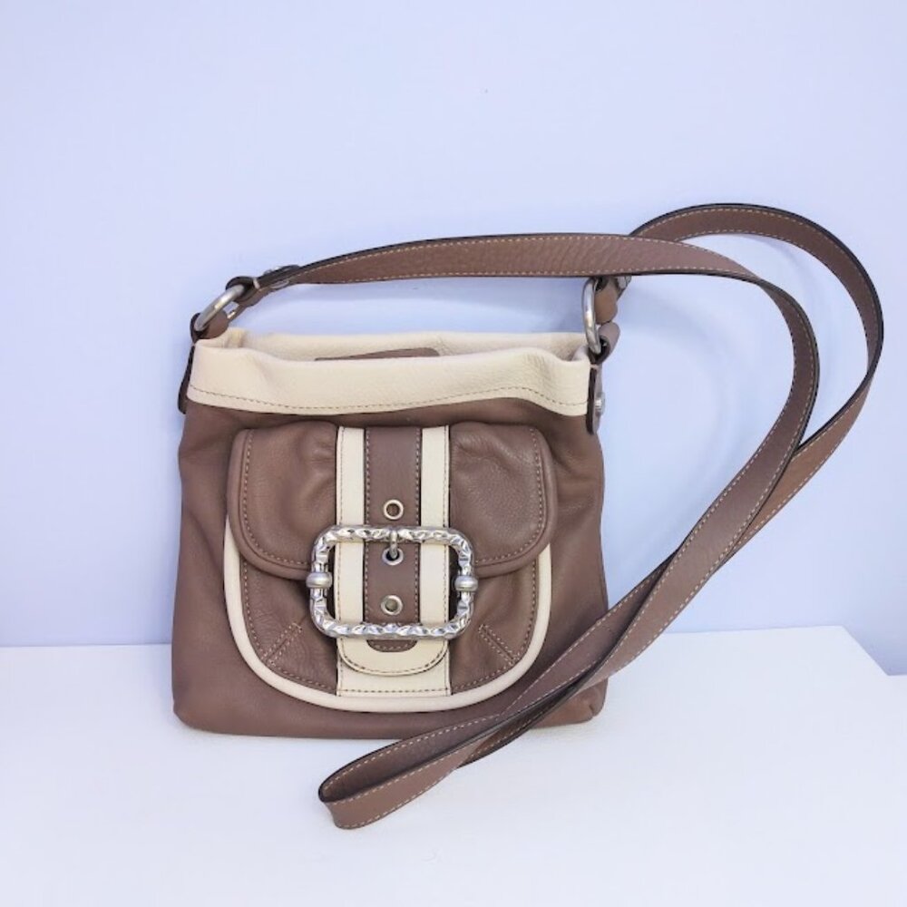 B Makowsky Small Leather Crossbody Bag  Zip Organizer & Buckle Taupe Brown Cream